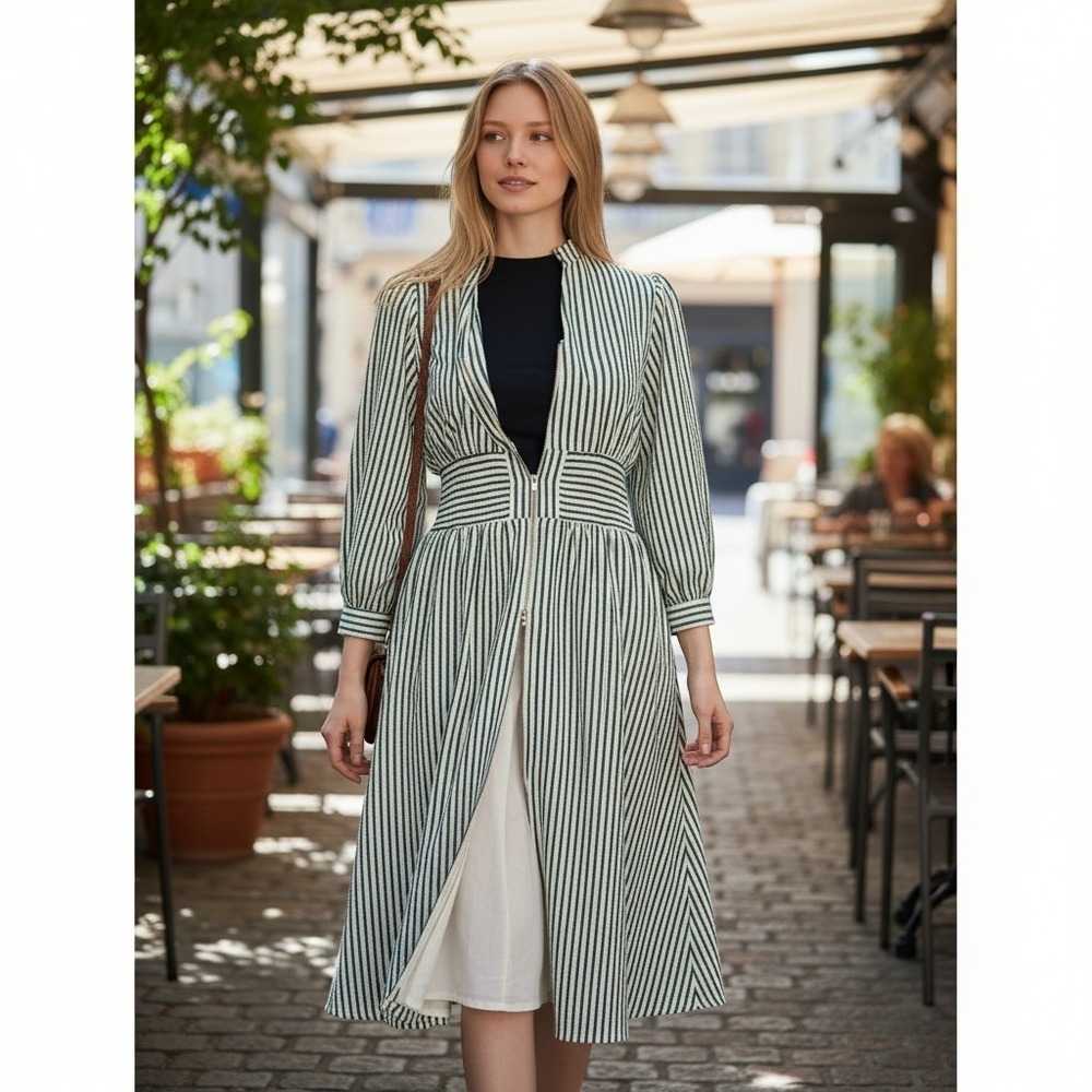 Entro Green White Striped Smocked Waist Puff Sleeve Zipper Front Midi Dress M - Picture 2 of 11